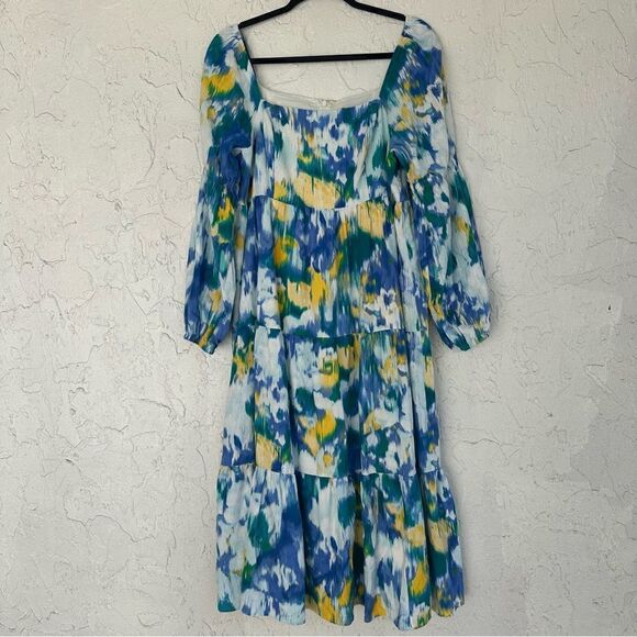 DONNA MORGAN Linen Floral Midi Dress 10 Puff Sleeve Square Neck Bohemian Prairie - Picture 3 of 11